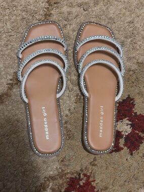 Madden Girl Silver Crystal Multi-Strap Slide Sandals
